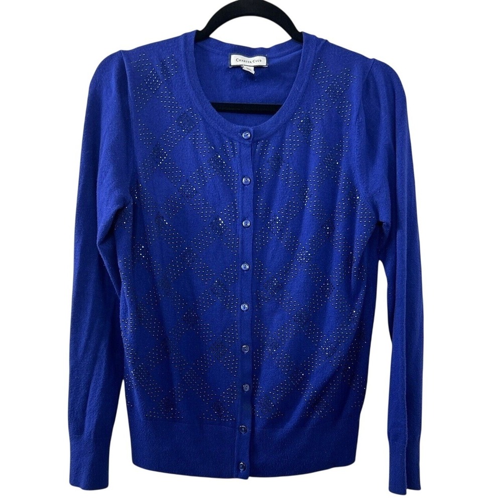 Charter Club Studded Argyle Cardigan S Royal Blue‎ Knit Button Front Preppy Chic